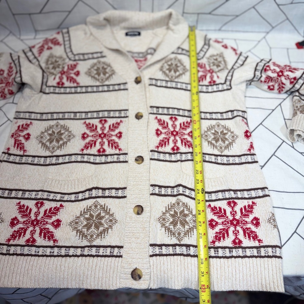 Lands End Cardigan Sweater XL Cream Snowflake Fair Isle Drifter Shawl Collar - Picture 4 of 6